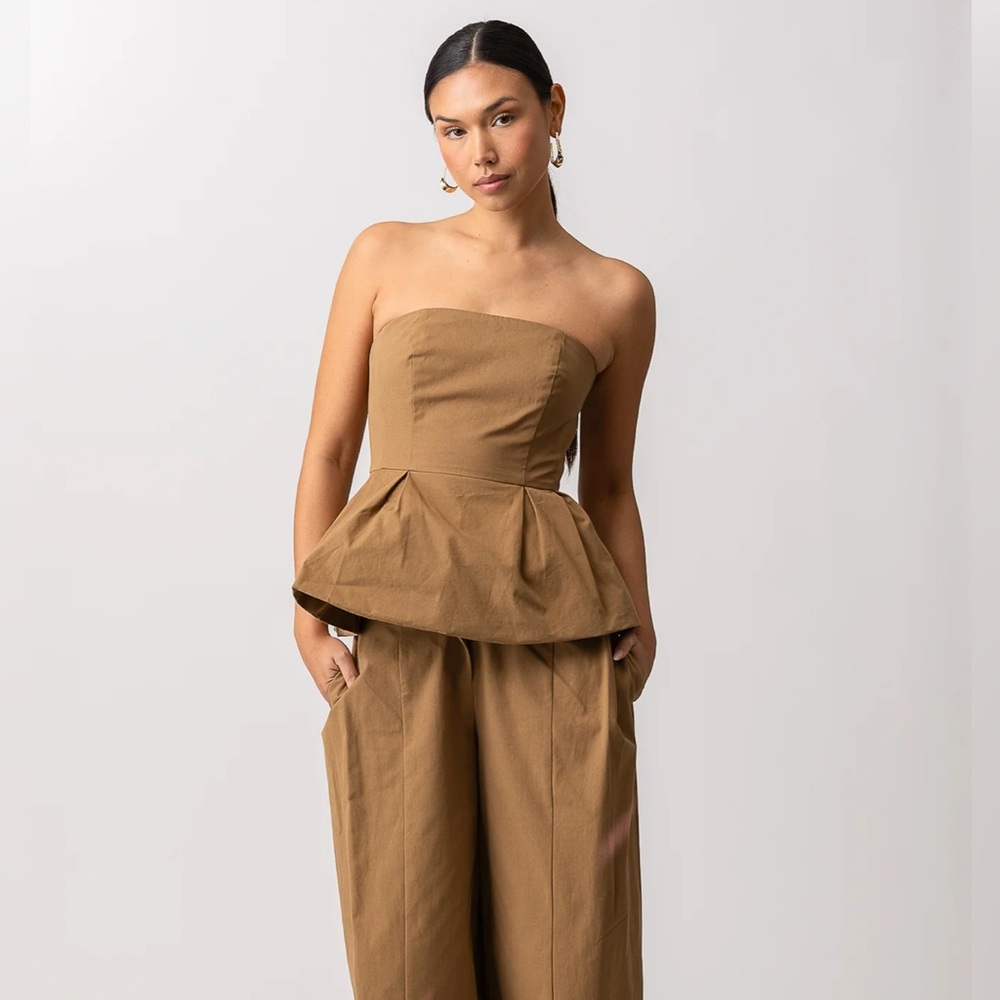 Line and Dot Tove Medium Khaki Strapless Corset Peplum Brown Mocha Top